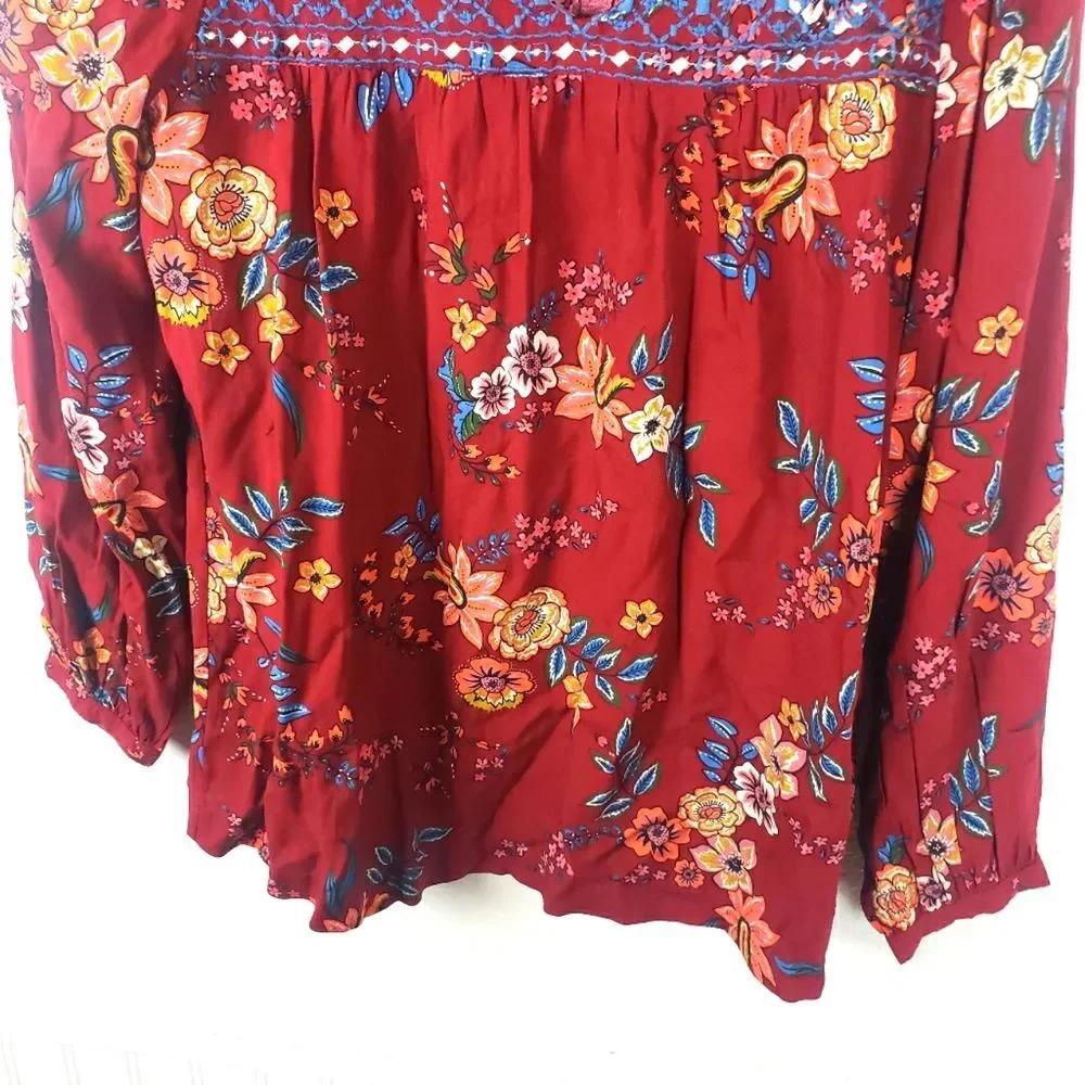 Women's Beach Lunch Lounge Boho Floral Embroidered Pop Over Top Size small - Picture 10 of 11